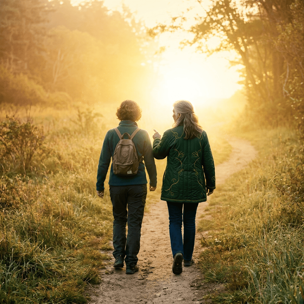 Two women walking on a dirt path in nature with sunlight ahead